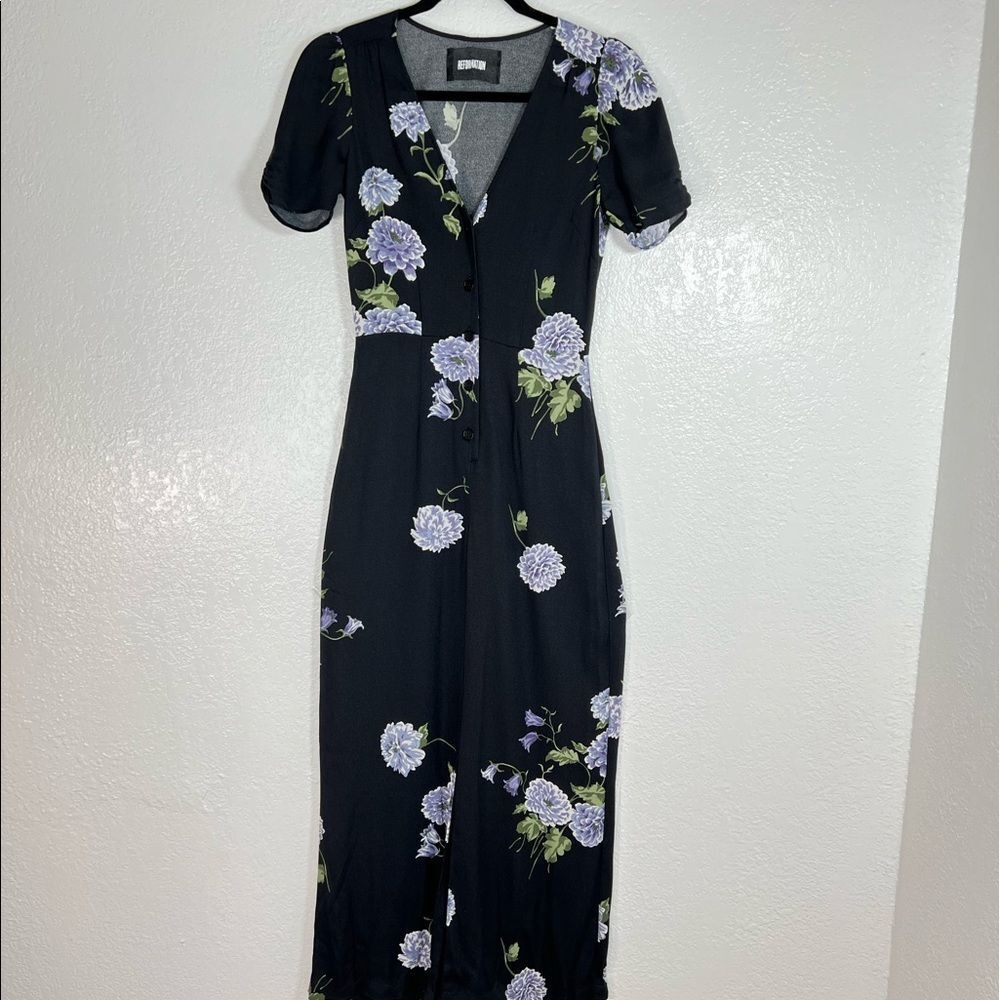 NWOT Reformation lilac floral print black pant wedding reception jumpsuit romper - Picture 2 of 10